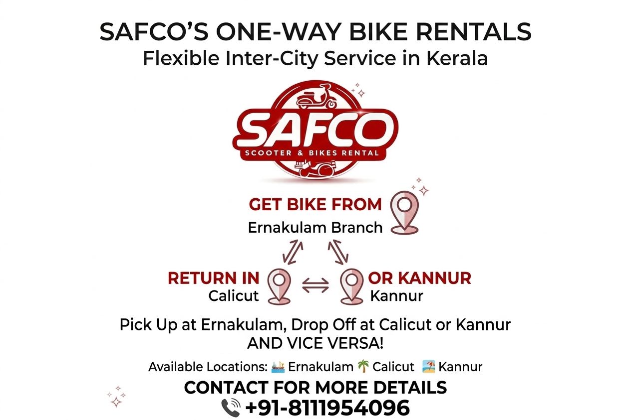Safco's one-way bike rentals — flexible inter-city service in Kerala between Ernakulam, Calicut and Kannur