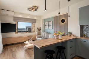 Modern open-plan living room and kitchen with stylish decor.