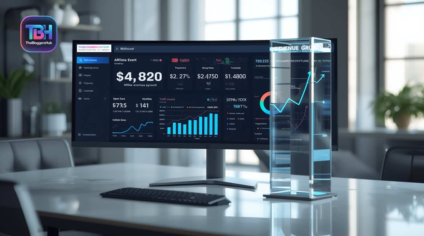 3D financial dashboard with YouTube, Etsy, affiliate, and newsletter income analytics displayed on glowing AI screens in a modern office.