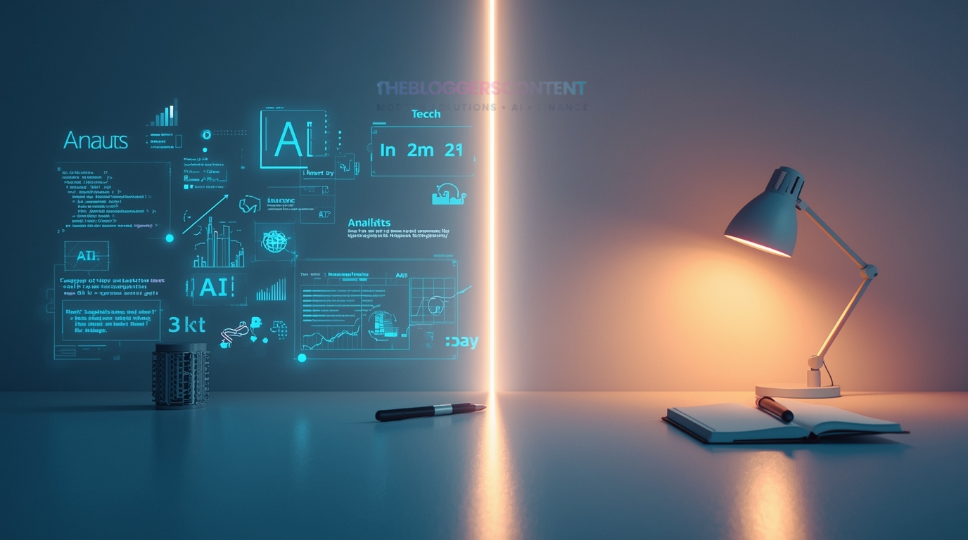 Split image of AI workspace and peaceful yoga break, symbolizing digital minimalism and focus without burnout.