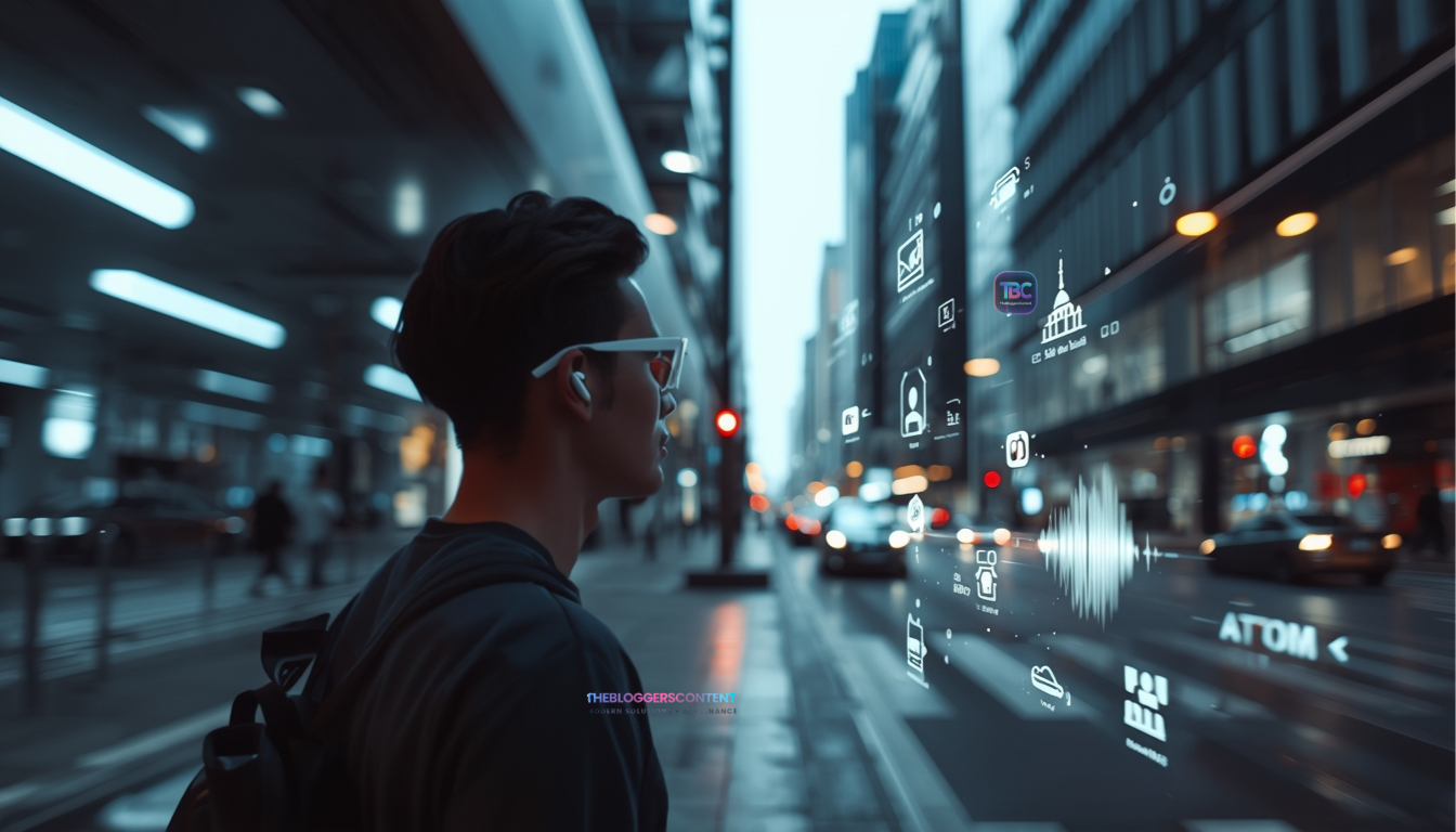 Person controlling tasks with a voice AI assistant while walking.