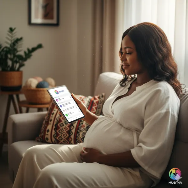 Mãe grávida angolana segurando o telemóvel com carinho