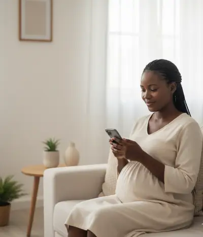 Mulher grávida angolana sorridente a usar o Muenha no smartphone