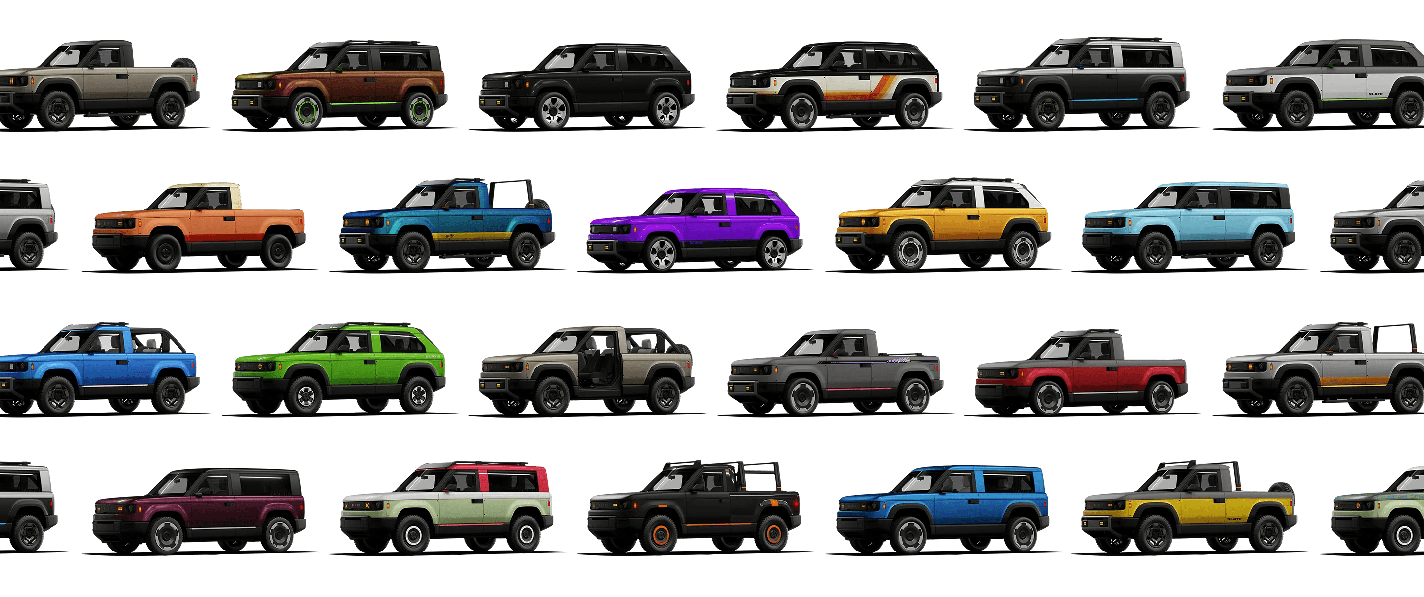 A grid of Slate Truck and SUV configurations with different wraps and bodies
