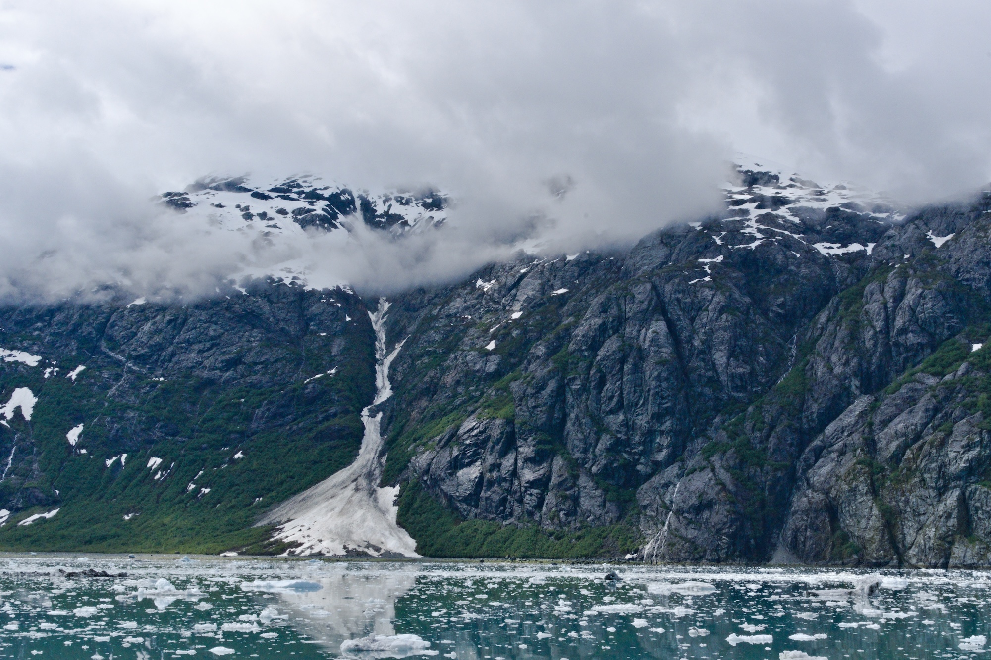 Rocky mountains plunging directly into the sea, with a dense field of brash ice and growlers floating in the foreground, Glacier Bay
