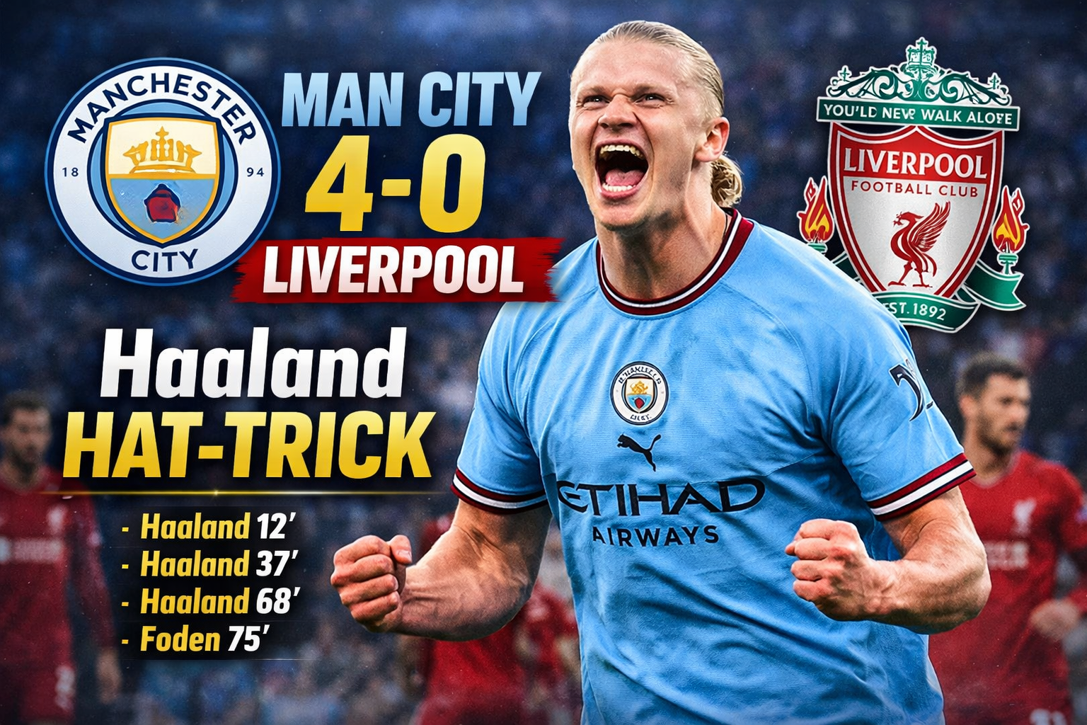 WATCH: Erling Haaland Hat-trick Destroys Liverpool FC as Manchester City Cruise to 4-0 Victory