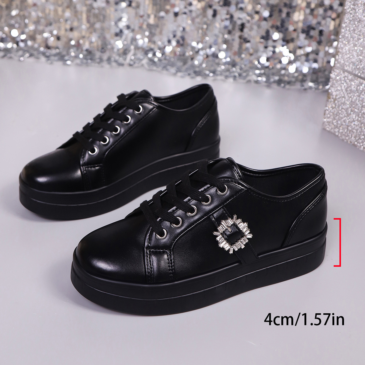 Thick-Soled Lace-Up Rhinestone Casual Shoes