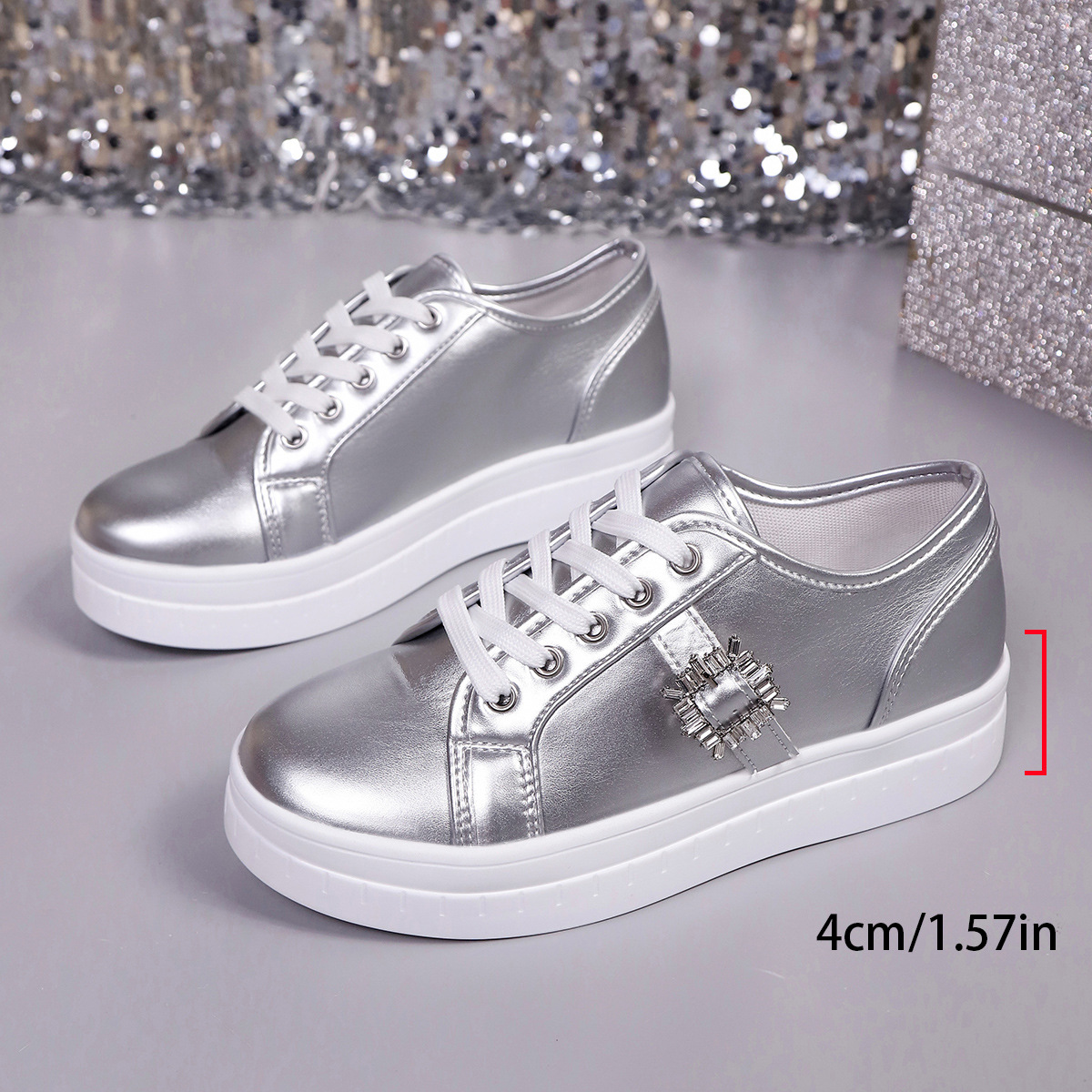 Thick-Soled Lace-Up Rhinestone Casual Shoes thumbnail