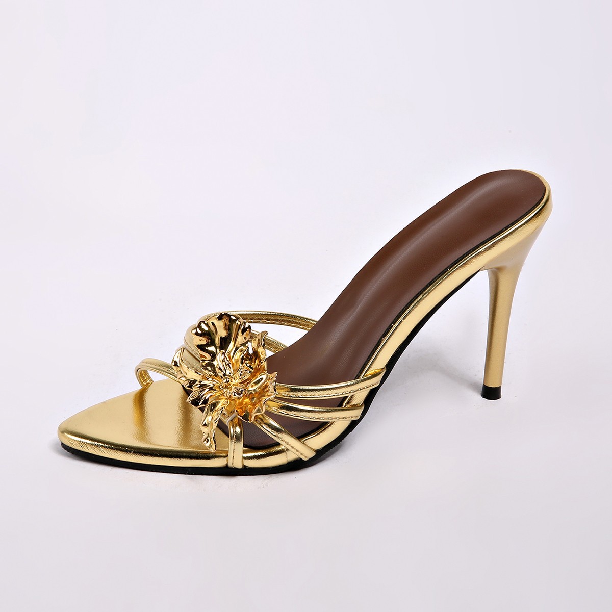 Metal Flower Half Slippers Black Stiletto High Heels thumbnail