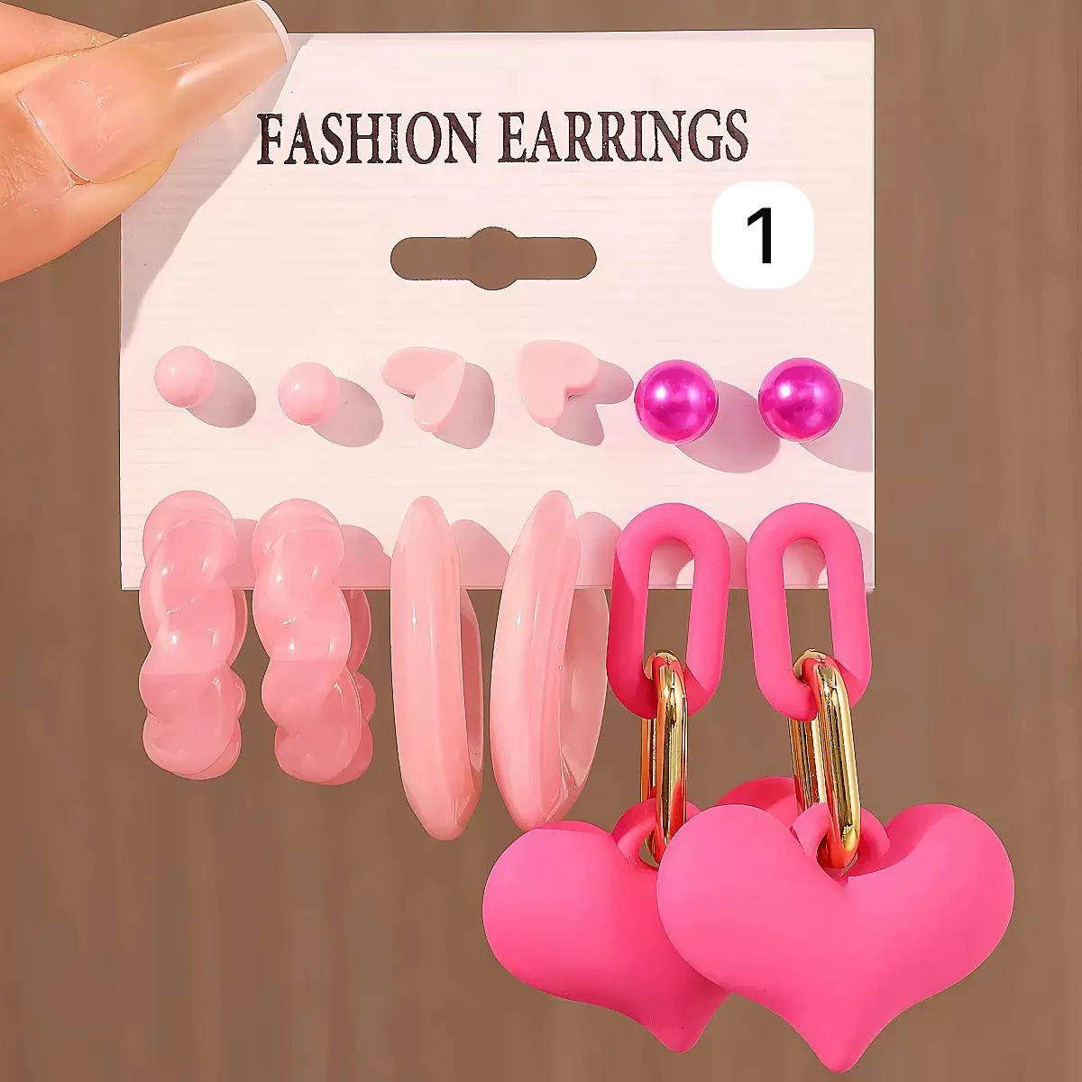 Pink Heart Earrings 6 Pairs Set