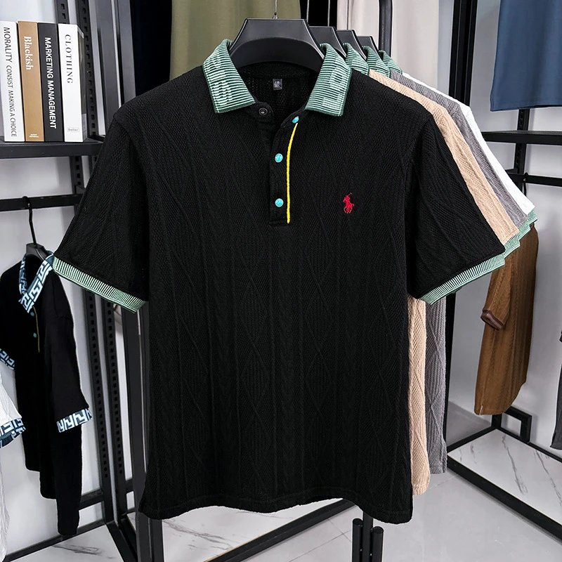 Men's embroidered pattern color-blocked short-sleeved T-shirt thumbnail