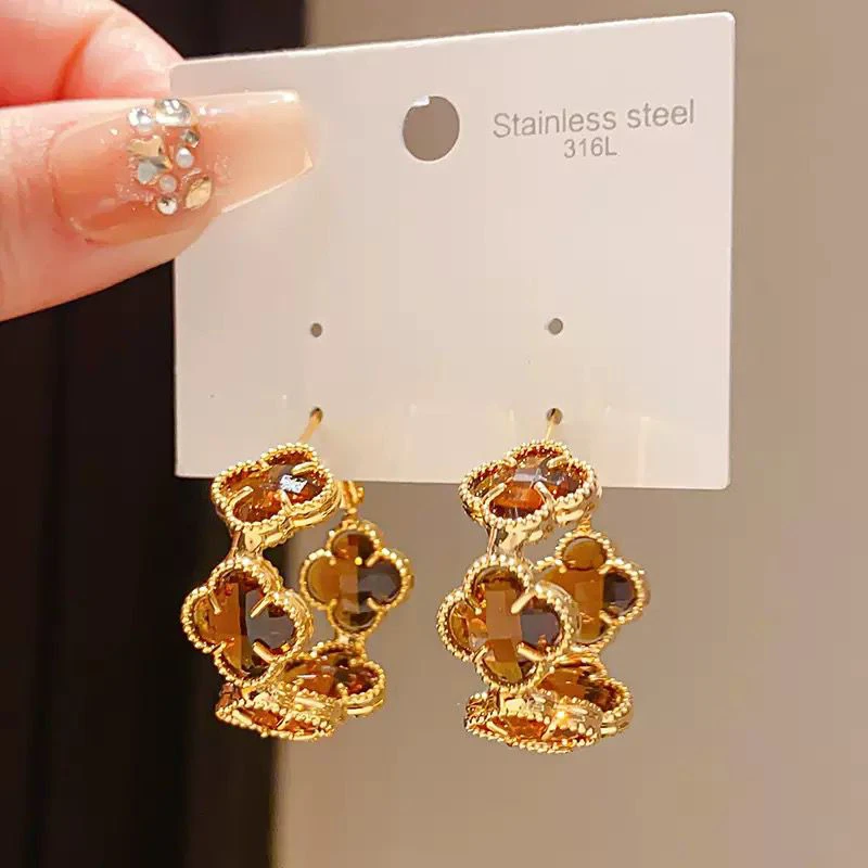 18k gold plated silver needle crystal flower geometric