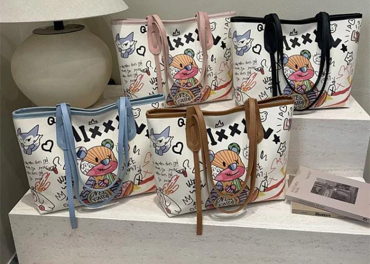 Cross-Border Cute Printed Bag Female Bear Graffiti Tote Bag