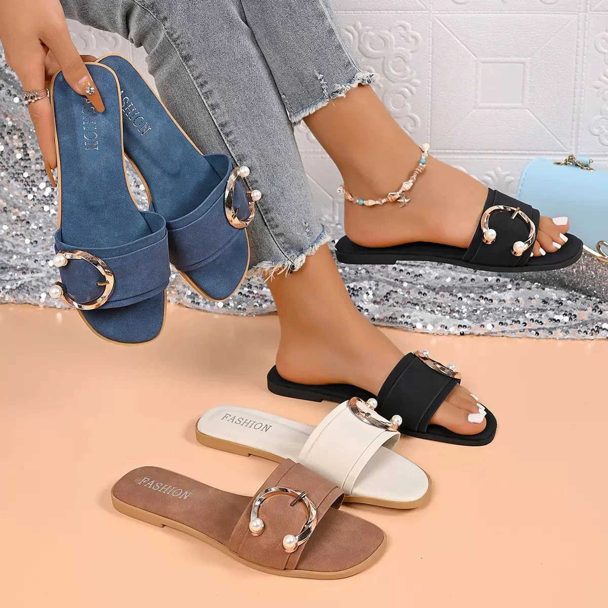 Spot retro suede flat metal buckle casual slippers female