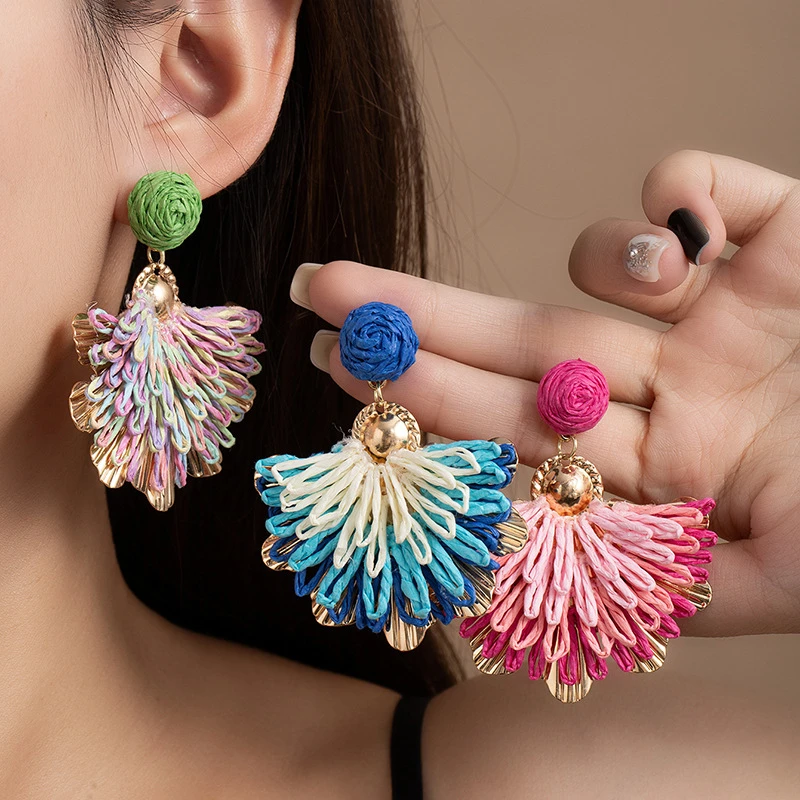 Ethnic Style Hand-Woven Raffia Colorful Flower Earrings