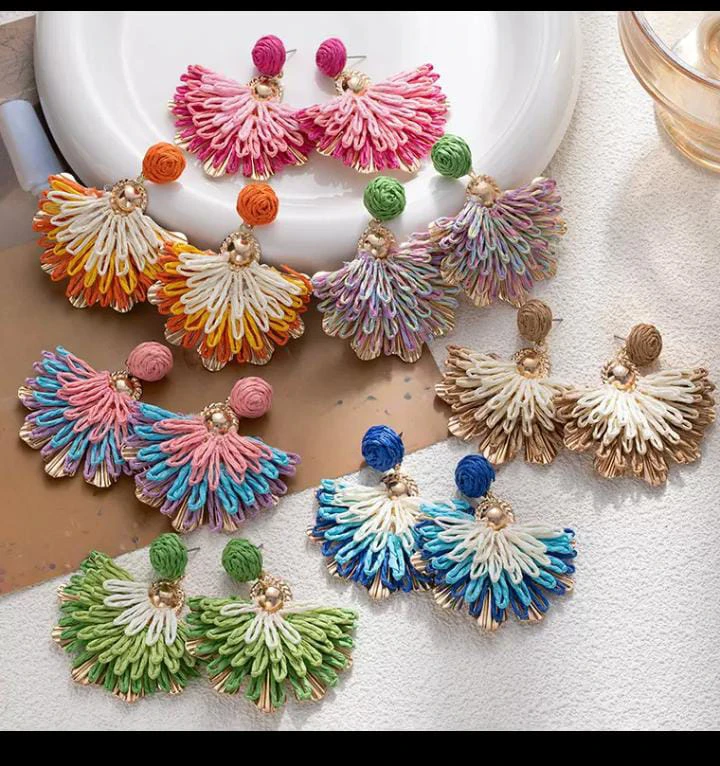Ethnic Style Hand-Woven Raffia Colorful Flower Earrings thumbnail