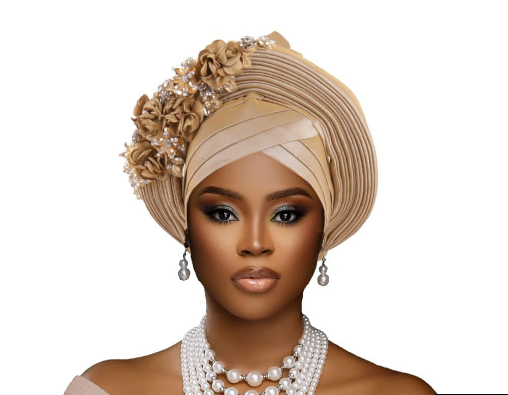 West African Nigerian Wedding Heavy-Duty Layered Appliqué Headscarf Cap