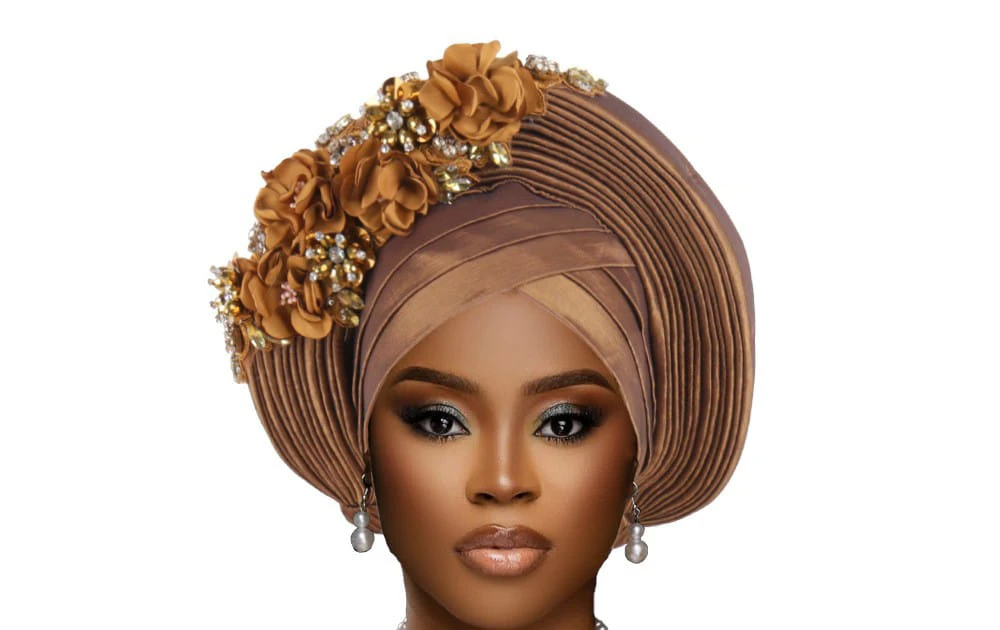 West African Nigerian Wedding Heavy-Duty Layered Appliqué Headscarf Cap thumbnail
