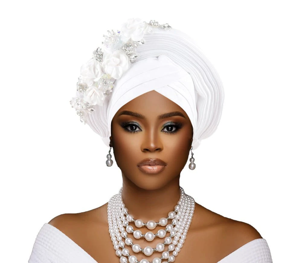 West African Nigerian Wedding Heavy-Duty Layered Appliqué Headscarf Cap thumbnail
