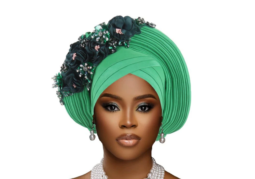 West African Nigerian Wedding Heavy-Duty Layered Appliqué Headscarf Cap thumbnail