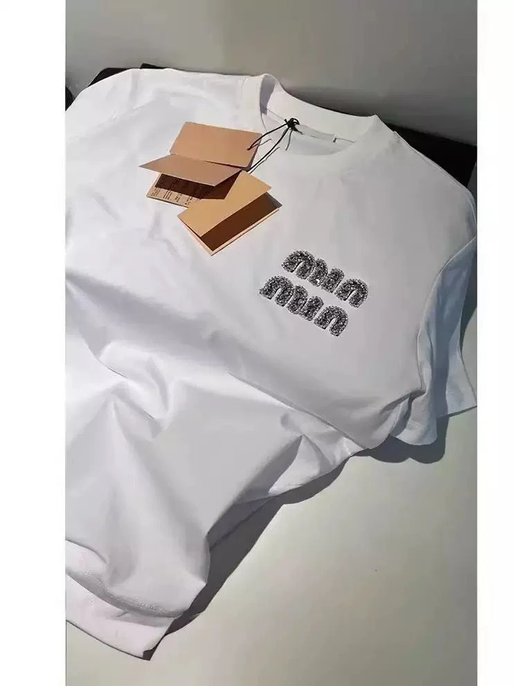 ,White Short-Sleeve T-Shirt with Heavy Rhinestone Lettering for Women