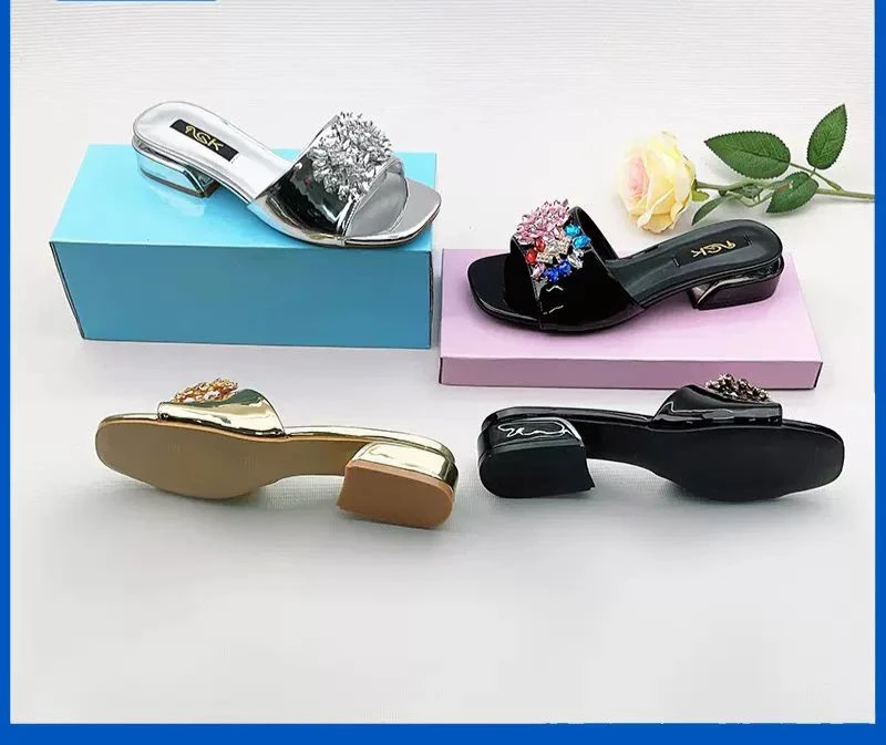 Large Size Rhinestone Flat Square Toe Slippers for Women to Wear