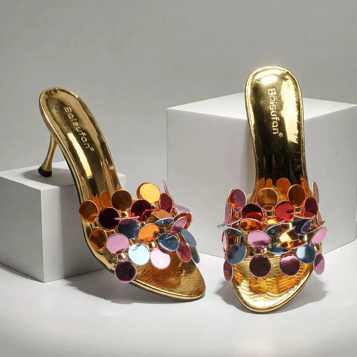 Floral High-Heeled Open-Toe Slip-On Sandals for Women