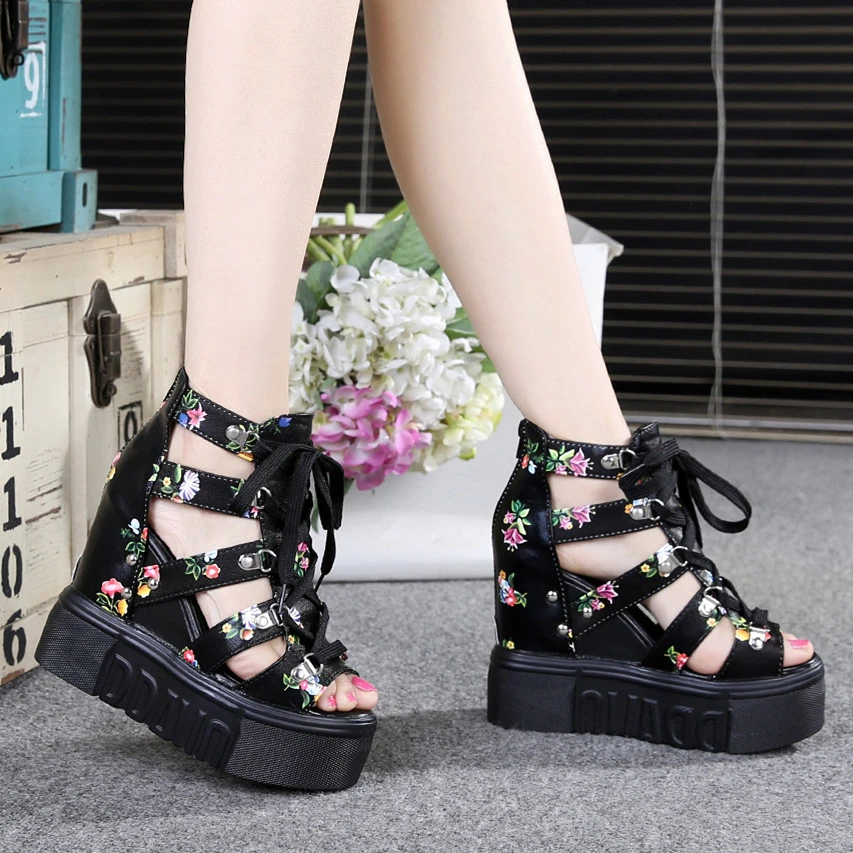 Spring and Summer Peep-Toe Mesh Platform Wedge Heel