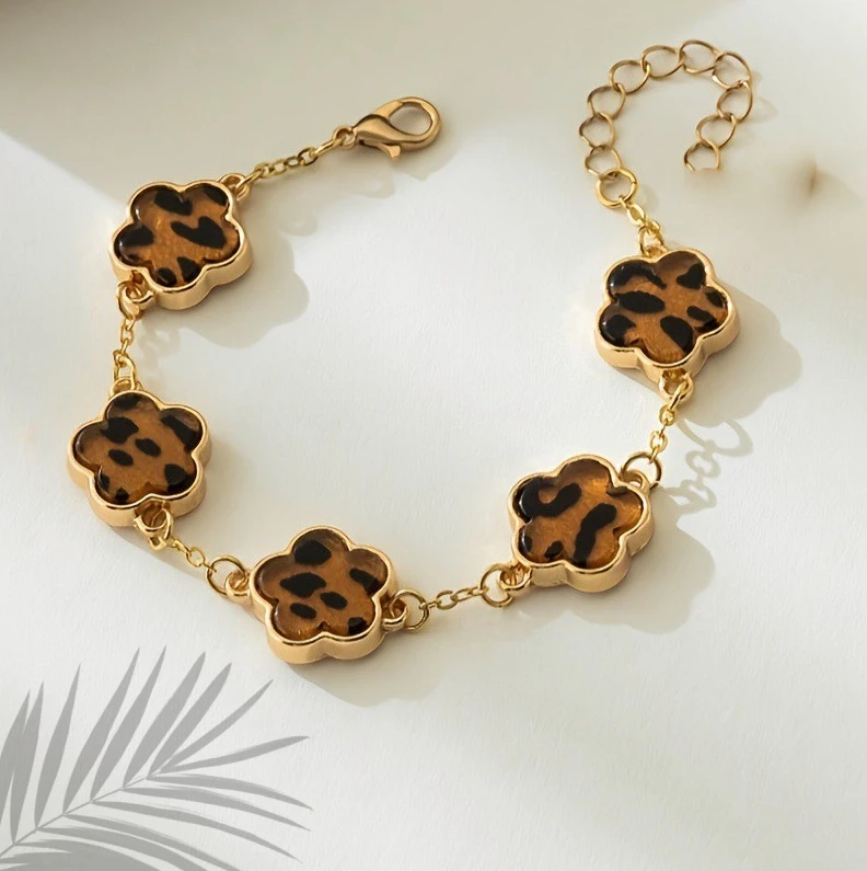 Leopard Print and Five-Leaf Clover Charm Bracelet