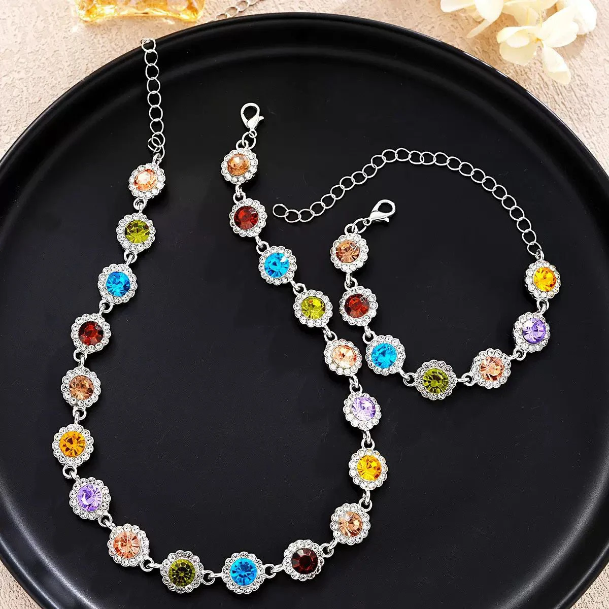 Colorful Zircon Bracelet and Necklace Jewelry Set