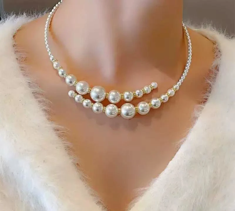New Double-Layer Irregular Cross Pearl Necklace