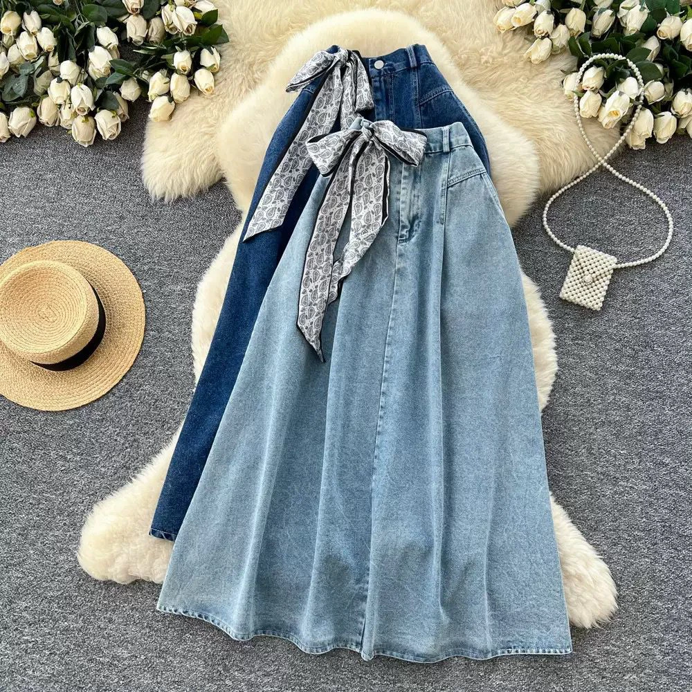 Silk scarf denim skirt