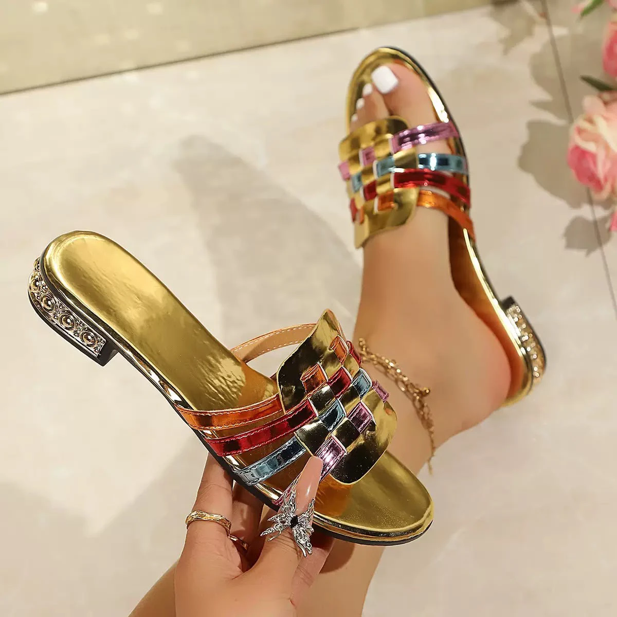 Colour - blocked low heel sandals