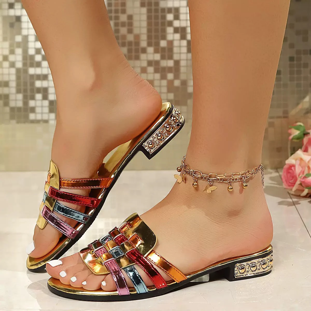 Colour - blocked low heel sandals thumbnail