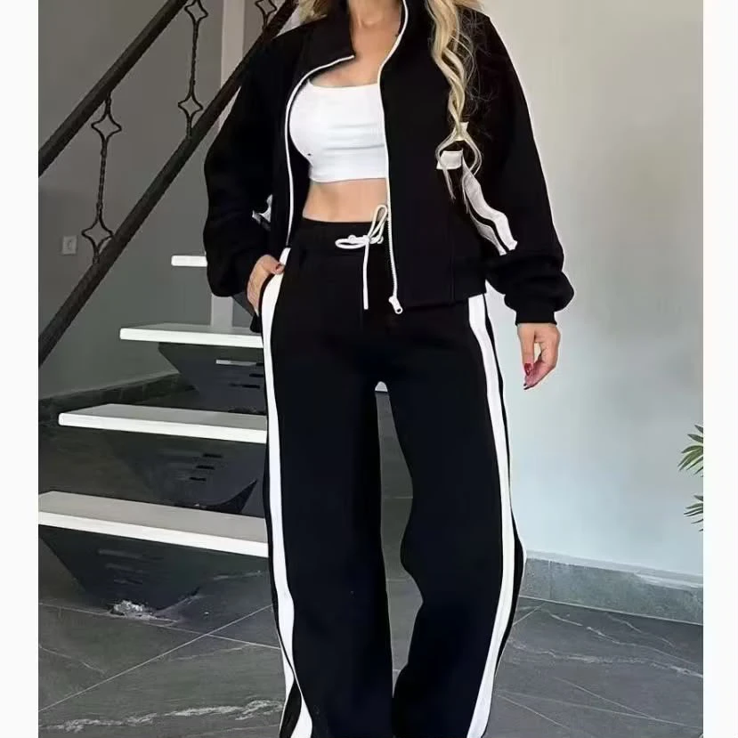 Y2K Striped Zipper Top Jacket Casual Sports Suit for Women