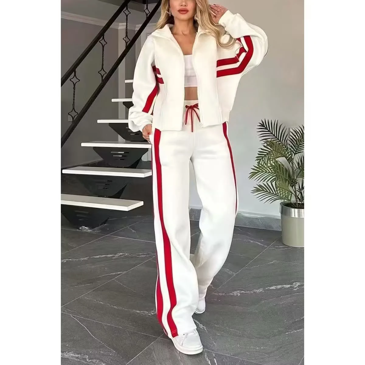 Y2K Striped Zipper Top Jacket Casual Sports Suit for Women thumbnail