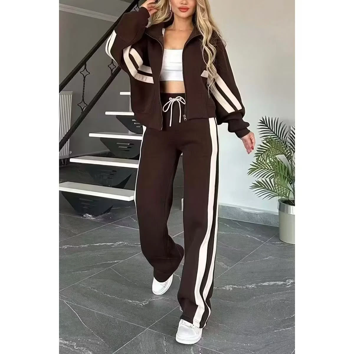 Y2K Striped Zipper Top Jacket Casual Sports Suit for Women thumbnail
