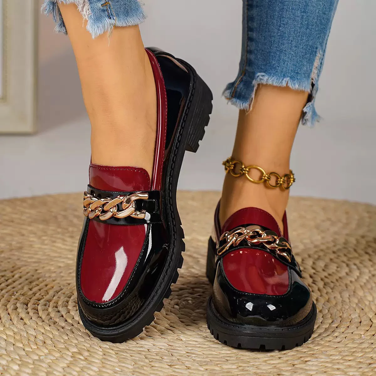 Large Size Metal Chain Loafers for Women.