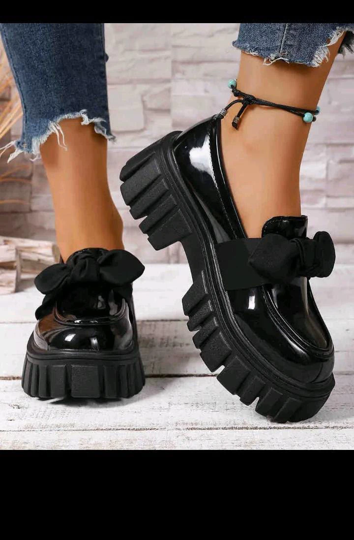 Glossy style Casual Black Bowknot Accessories Versatile Loafers