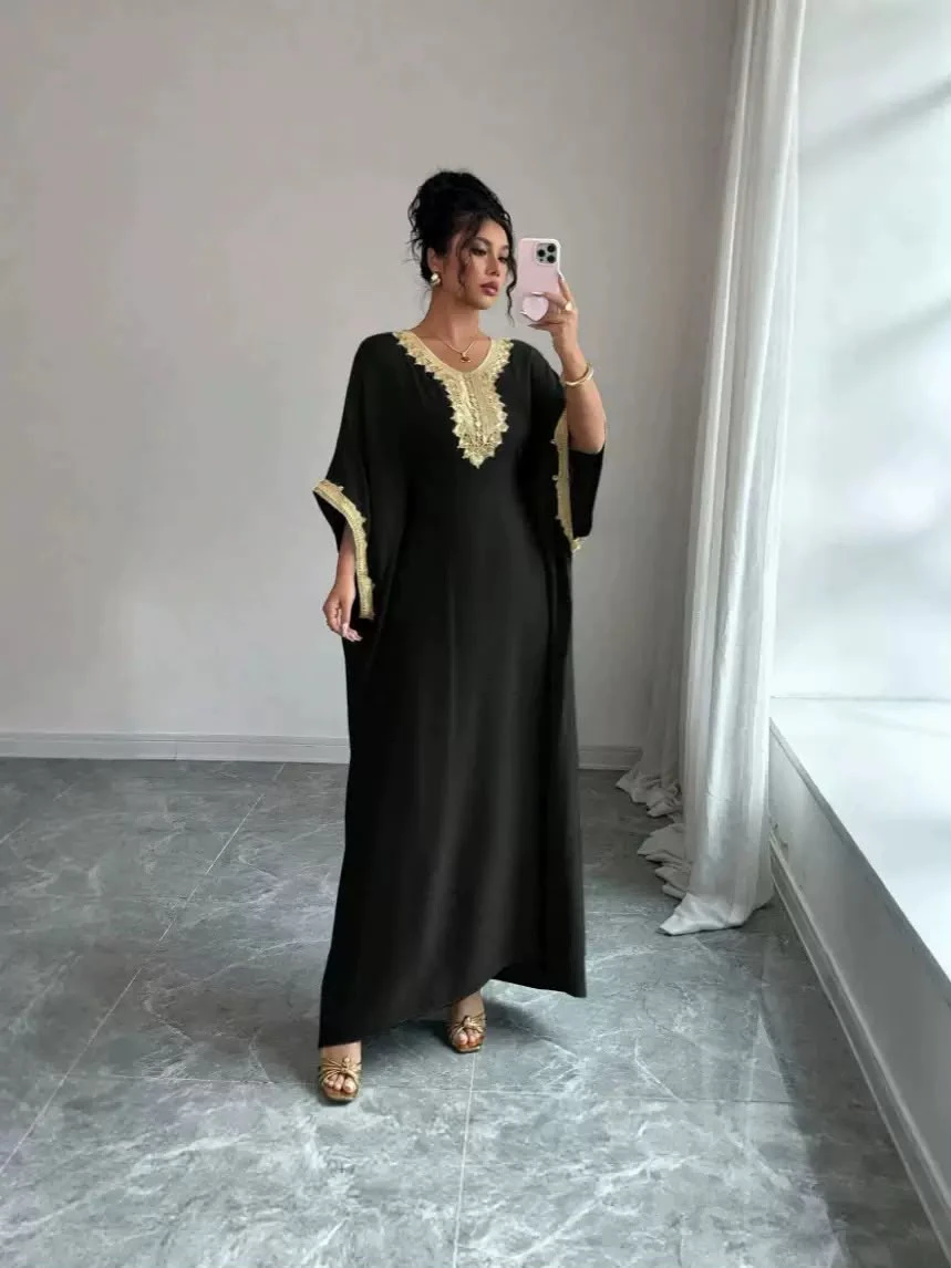 V-Neck Gold Embroidered Batwing Sleeve Long Dress