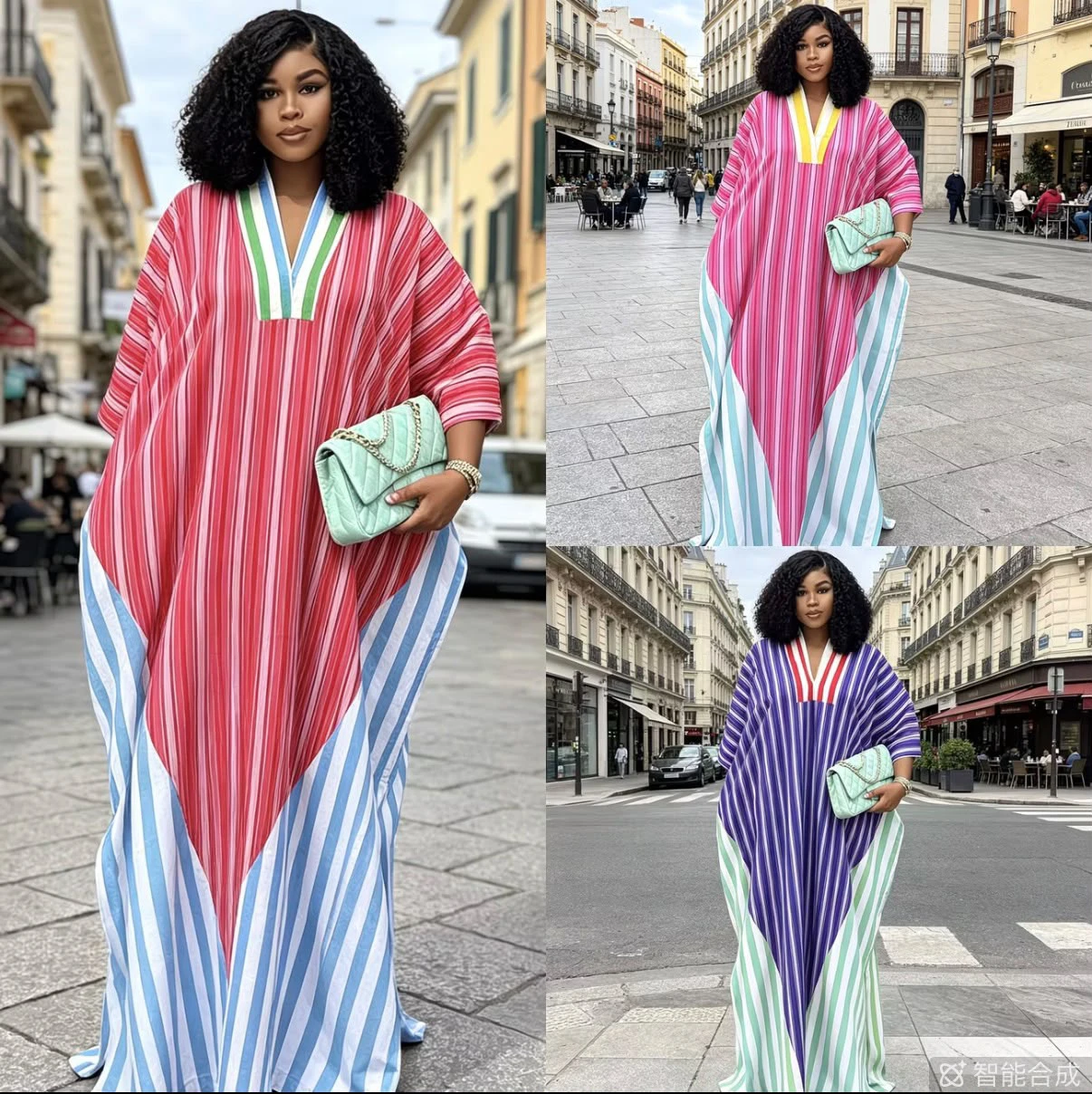 New striped V- neck loose long dress