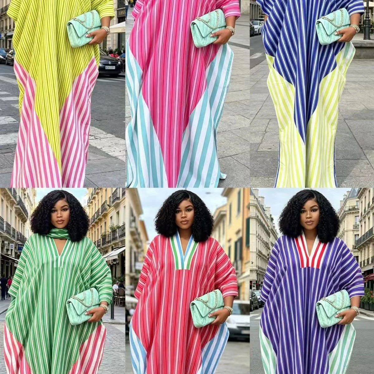 New striped V- neck loose long dress thumbnail