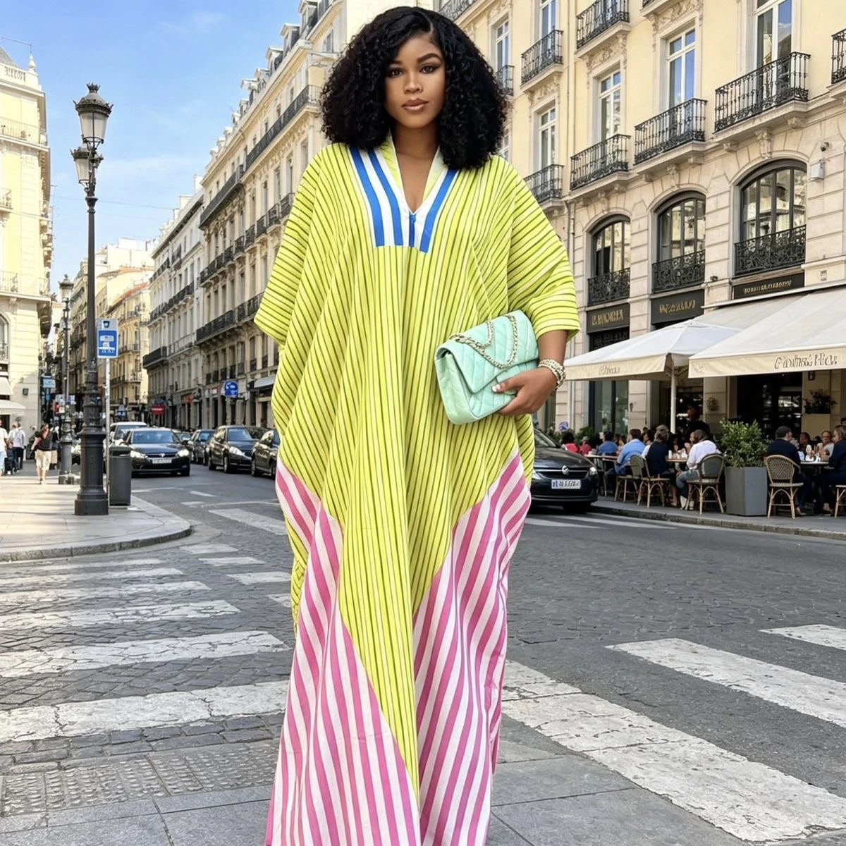 New striped V- neck loose long dress thumbnail