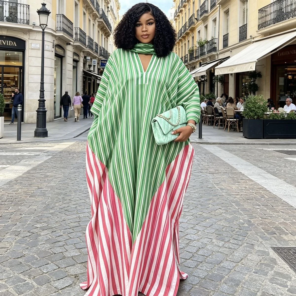 New striped V- neck loose long dress thumbnail