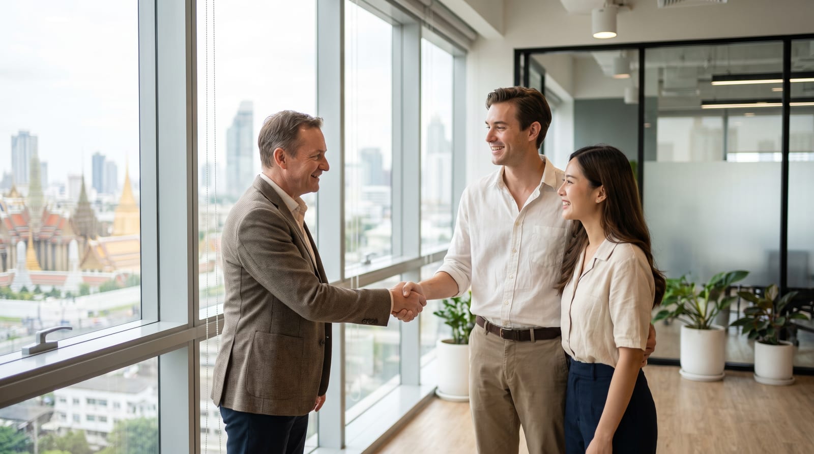 A Visa Centre advisor welcoming a relocating couple in a Bangkok office with the Grand Palace beyond