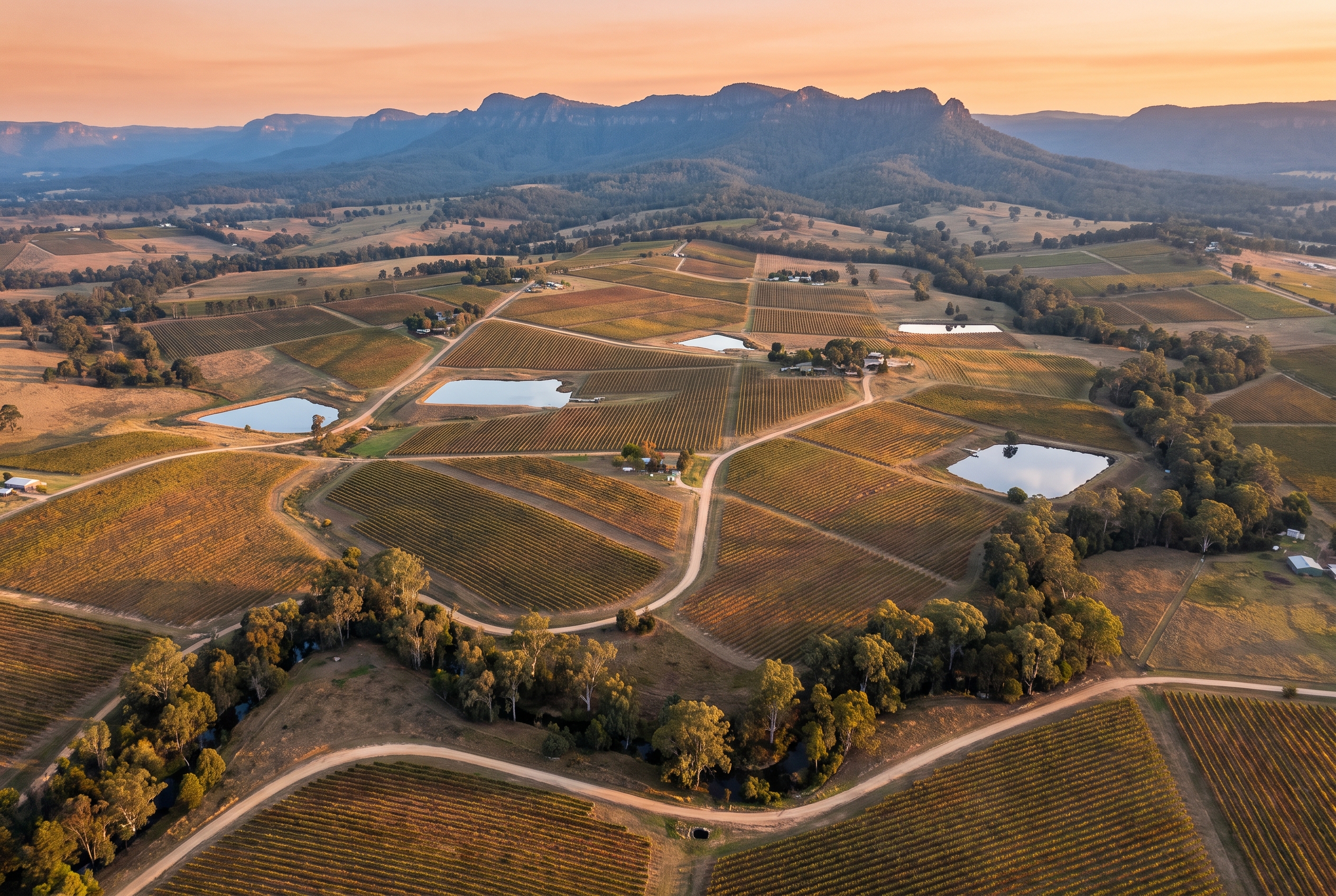 Aerial patchwork of Hunter Valley vineyards