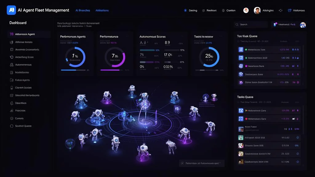 AI agent fleet management dashboard with robots and data visualization