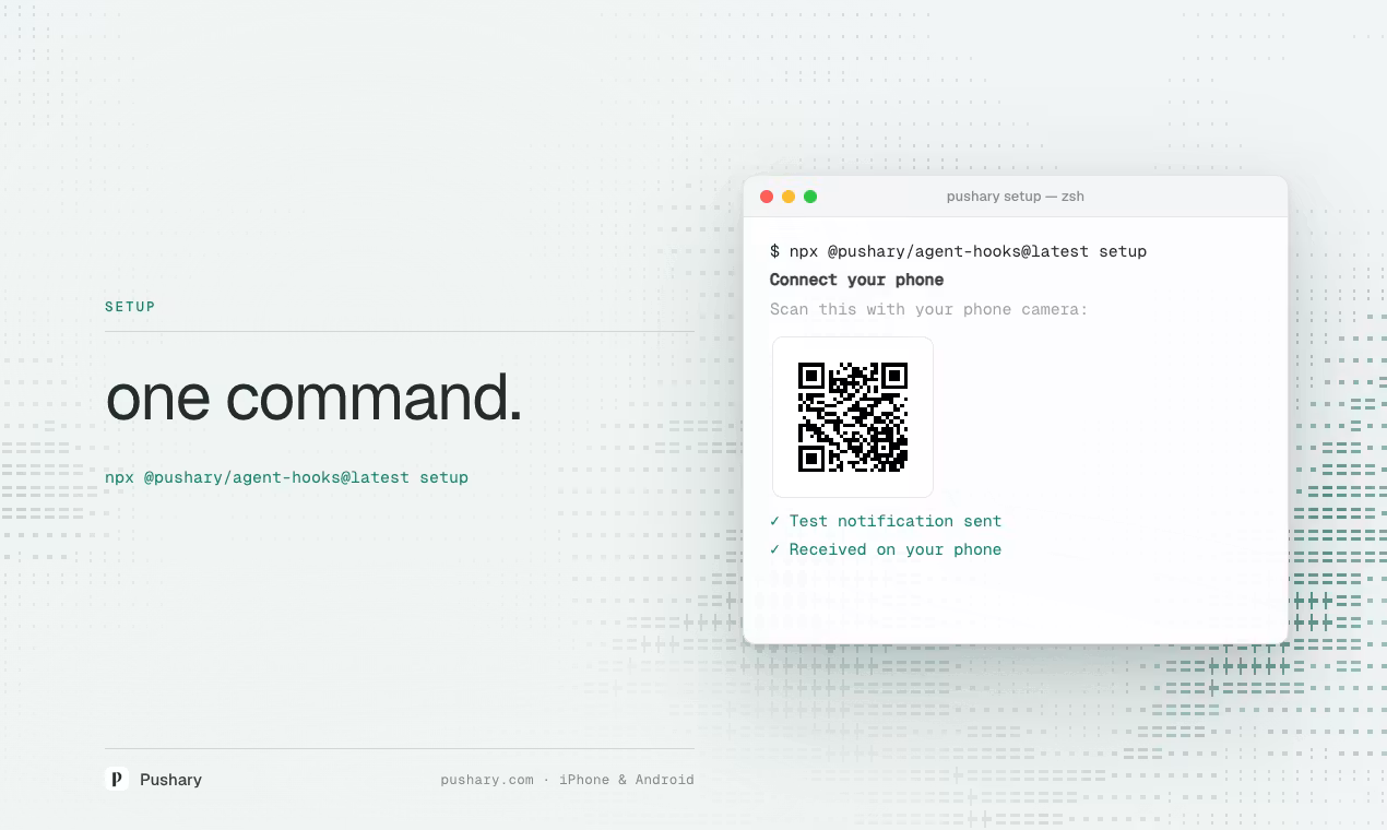 Phone setup page with QR code for pushary