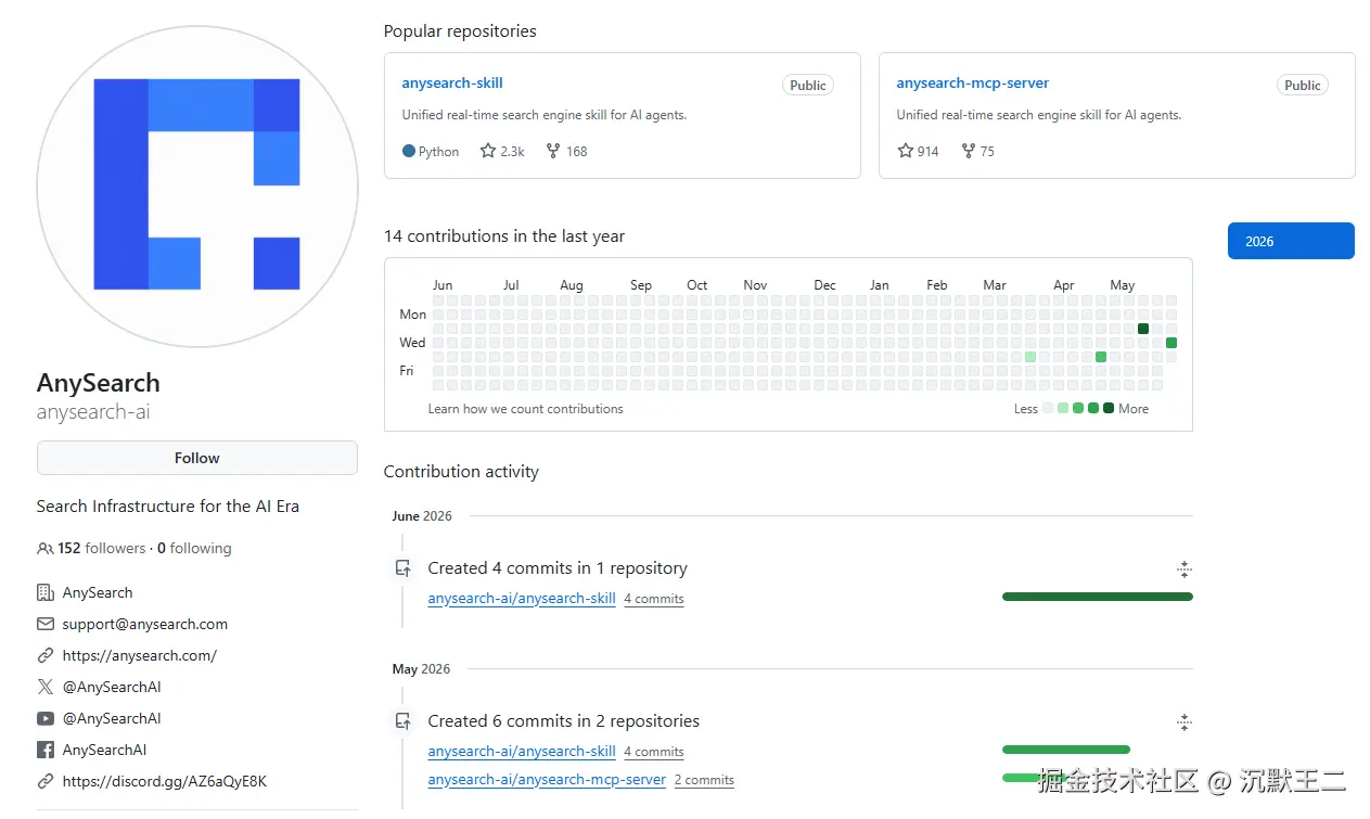 AnySearch GitHub profile with repositories and contributions