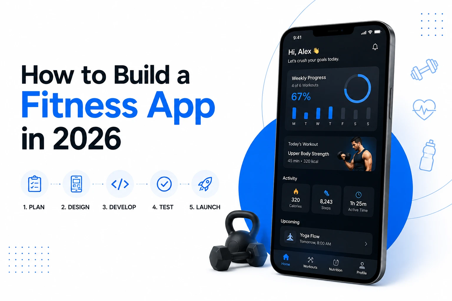Modern AI-powered fitness app showing workouts, progress tracking, gym bookings, and personalised training